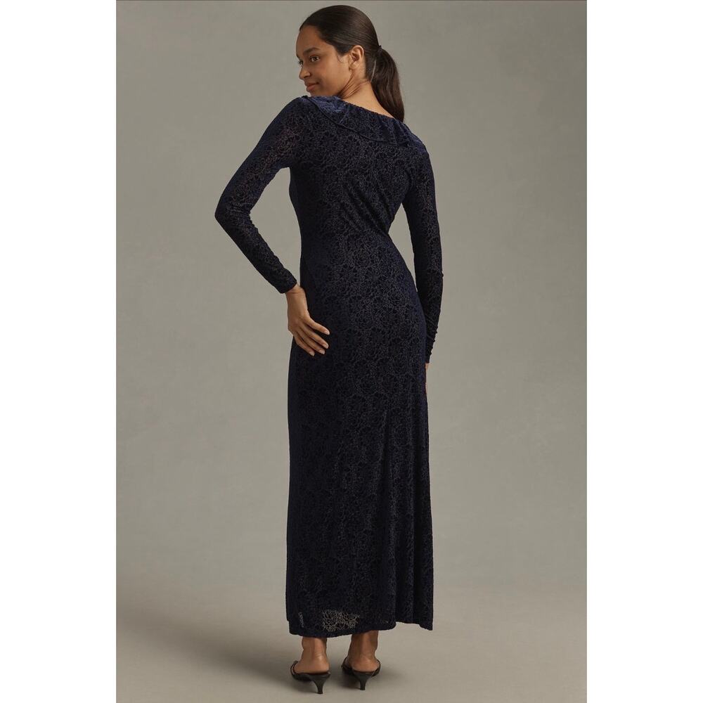 Anthropologie Blue Velvet Ruched Maxi Dress Size Med Ruffle Bodycon Formal - Picture 7 of 15
